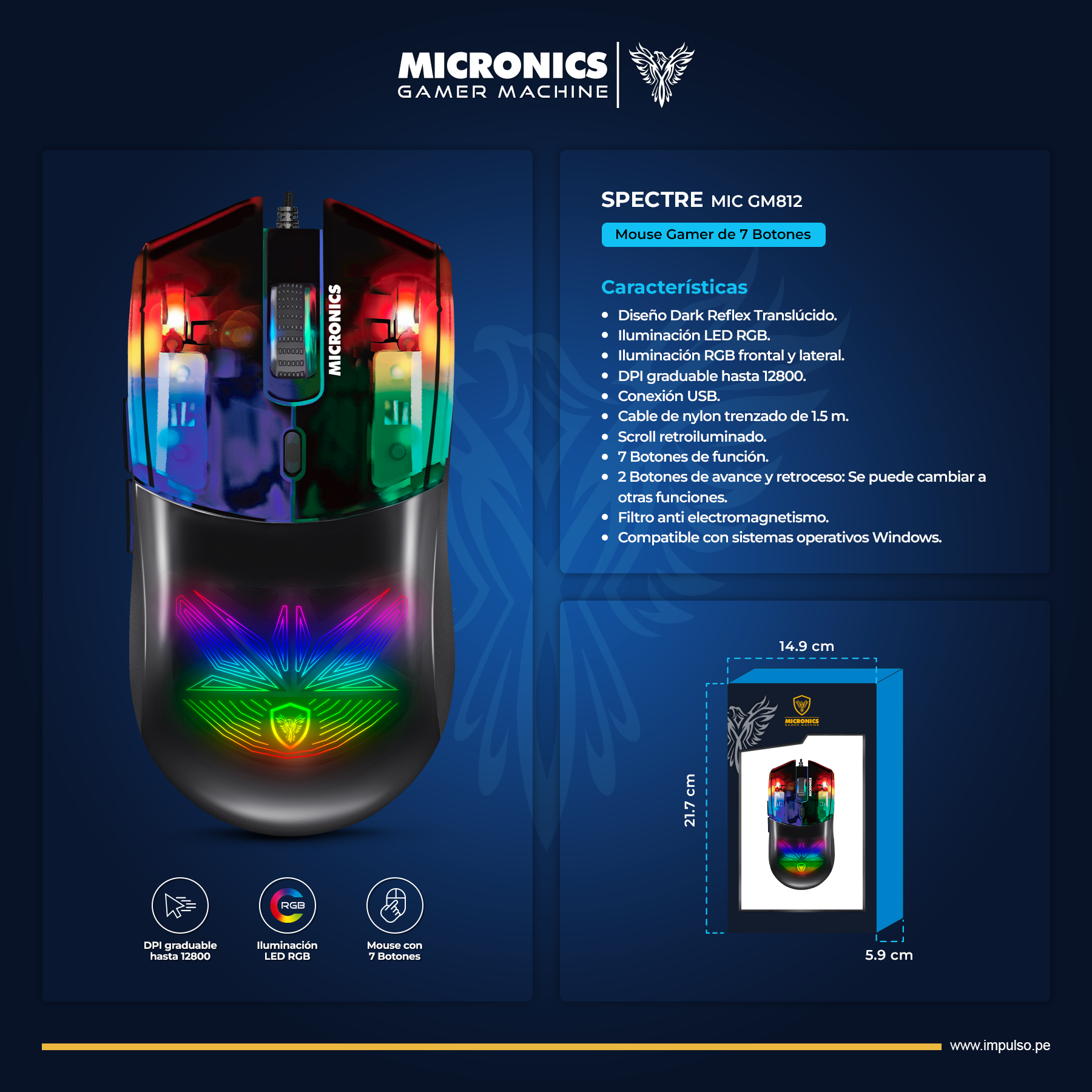 Mouse Micronics Gamer MIC GM812 / USB / Cable - Imagen 2